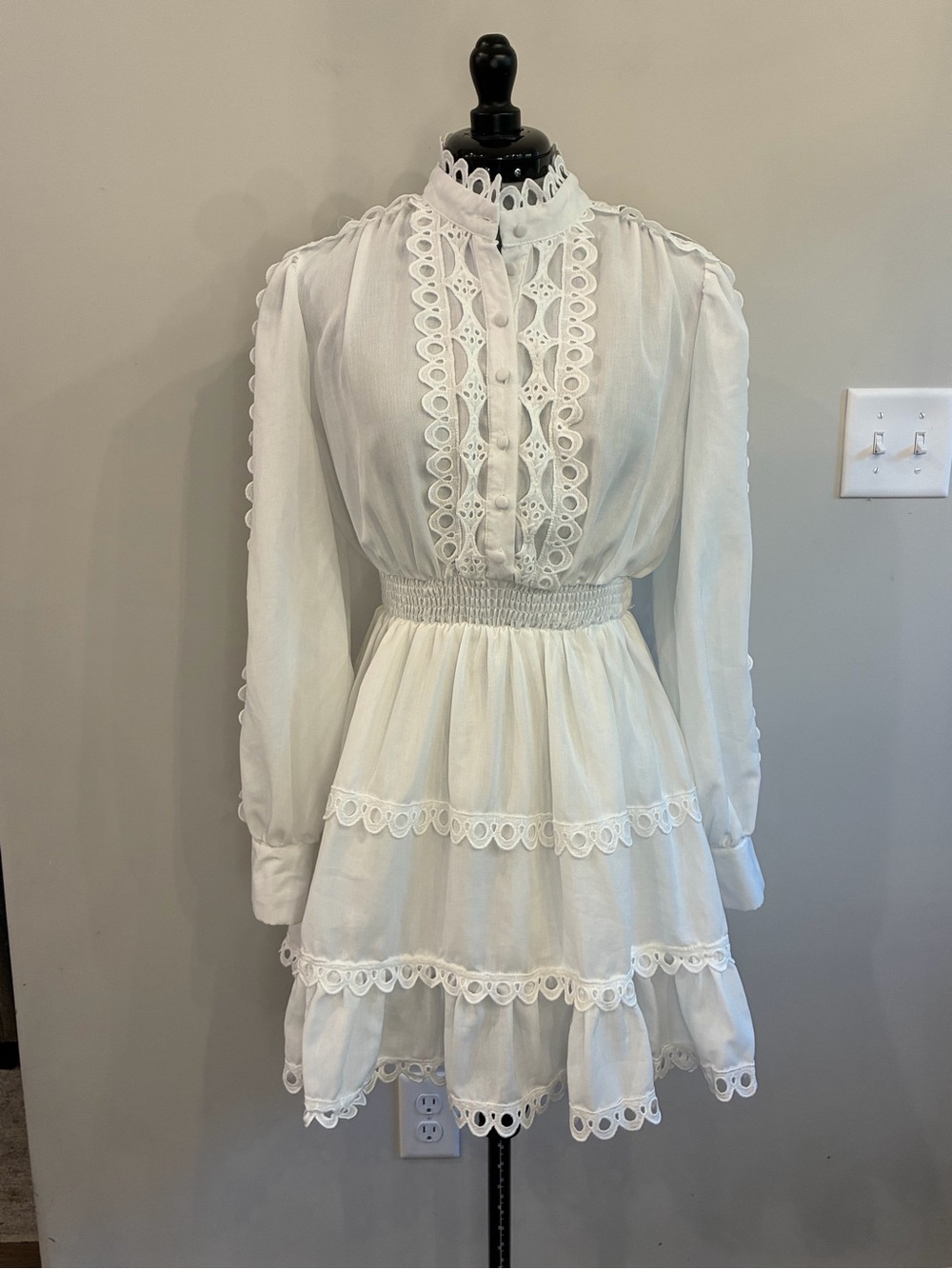 L'ATISTE White Eyelet Lace Smocked-Waist Midi Dress